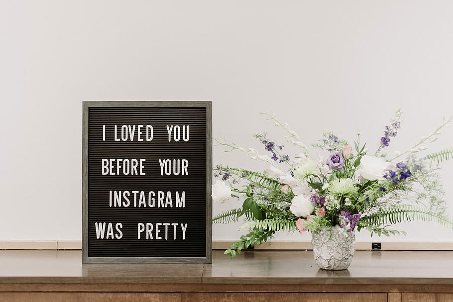 white and purple flower arrangement decor, I Loved You Before Your Instagram Was Pretty quote decor
