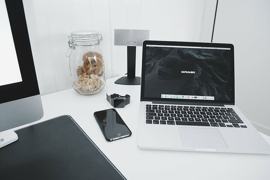 computer, desk, home office, iphone, laptop, macbook, mockup HD wallpaper