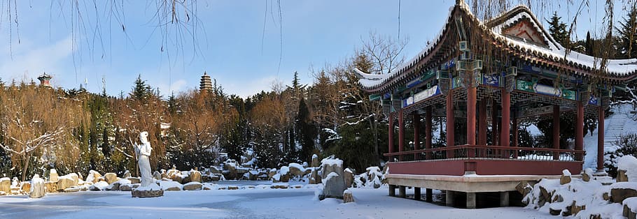 Ancient Architecture, Structure, Snow, trees, classical, blue sky and white clouds HD wallpaper