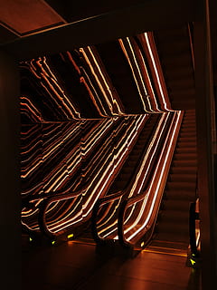 turned-on escalators, neon, neon light, reflection, stairs HD wallpaper