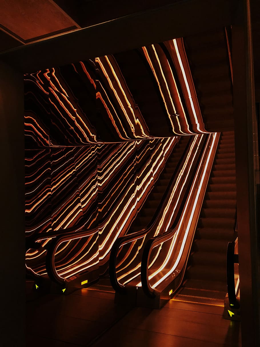 turned-on escalators, neon, neon light, reflection, stairs HD wallpaper