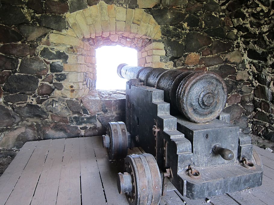 gun, fortress, embrasure, indoors, old, architecture, metal