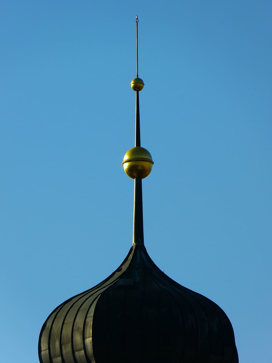 spire, great, steeple, building, onion helm, turrets, sky, blue HD wallpaper