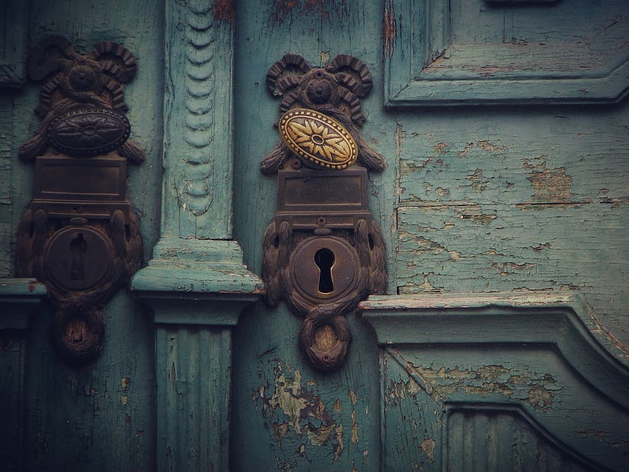 green wooden door with brown lock, handle, blue, key, open, old door