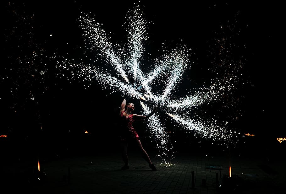 person doing fire dancing, night, dark, black Color, people, silhouette HD wallpaper