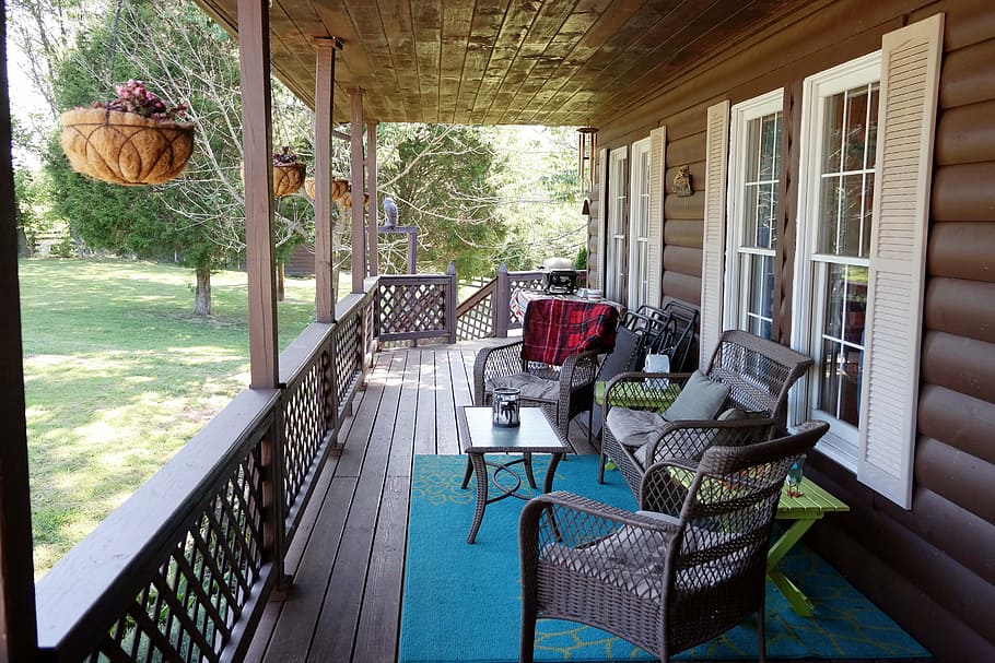 chairs in front of handrails, porch, country living, covered porch, HD wallpaper