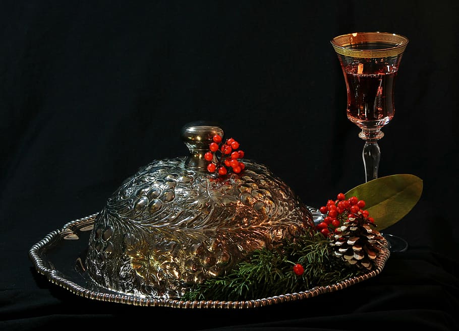 gray floral embossed tray with dome lid on black surface, holiday still life, HD wallpaper