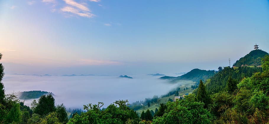 the scenery, clouds, mountain, distant hills, tree, plant, sky HD wallpaper