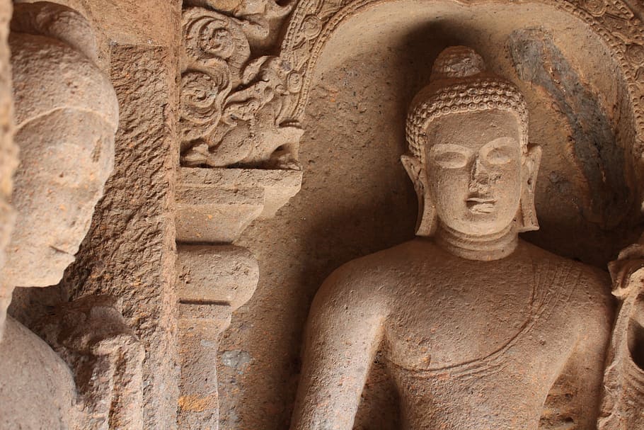 gautam, buddha, buddhism, figures, stone carvings, wall, temple, HD wallpaper