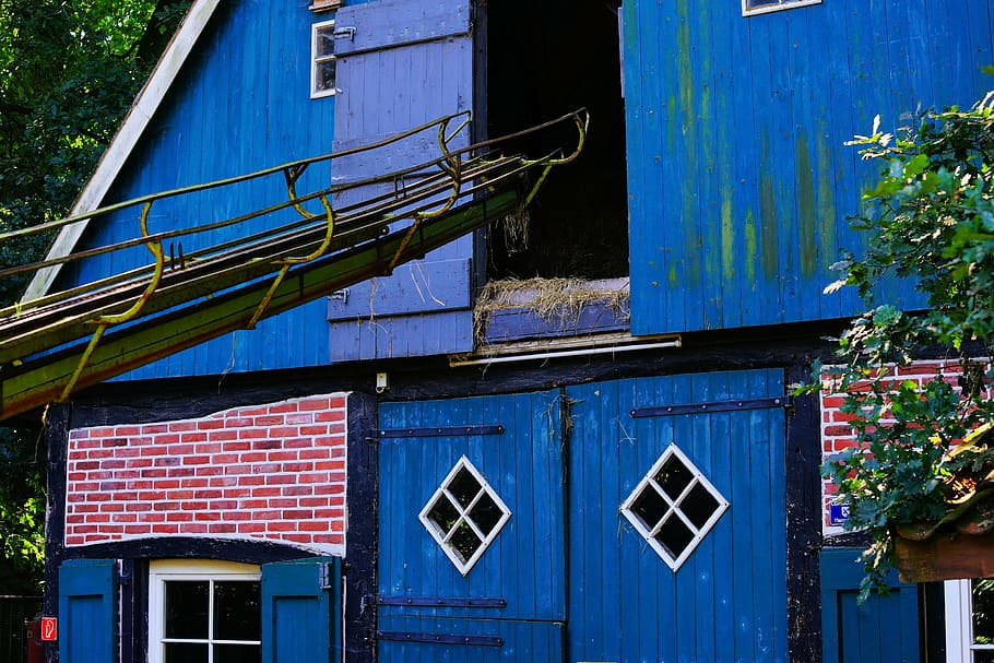 blue wooden shed, farmhouse, old, lower saxony, old house, building, HD wallpaper