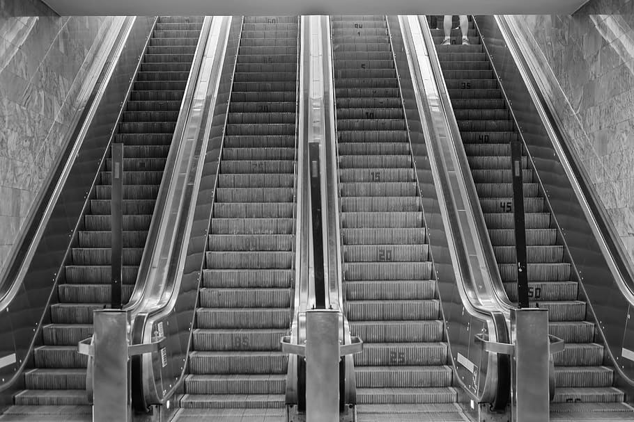 escalator, metro, city, urban, station, underground, metal, HD wallpaper