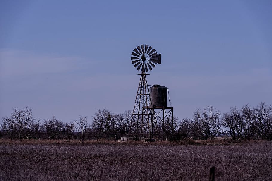 windmill, water, tower, rural, landscape, dusk, twilight, evening HD wallpaper