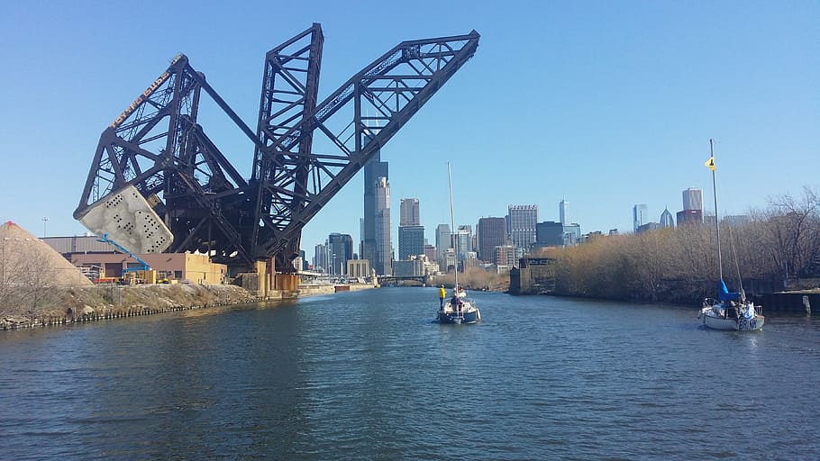 bridge, chicago, architecture, river, city, modern, boats, water HD wallpaper