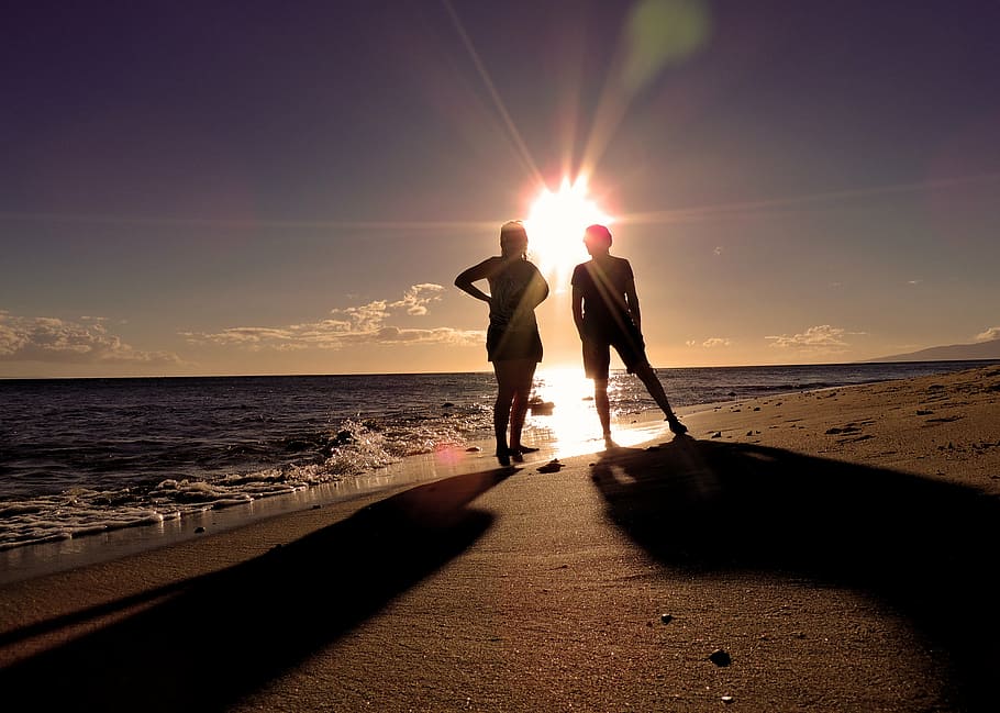 silhouettes, beach, people, sunset, summer, ocean, vacation HD wallpaper