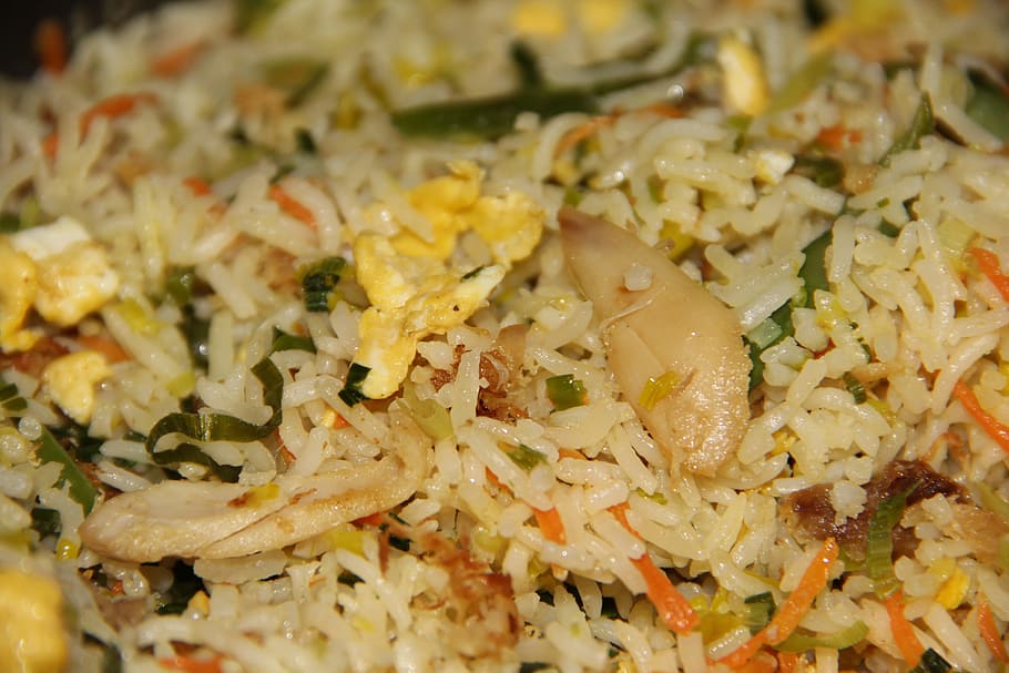 fried rice with sliced vegetable and meat, fried travel, delicious, HD wallpaper