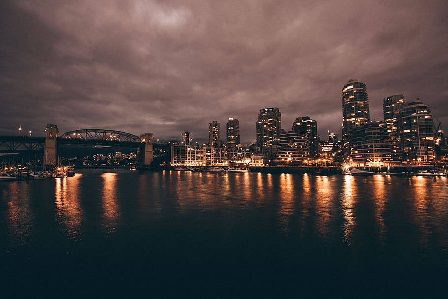 photo of lighted city, city skyline, Harbour, skyscraper, bridge HD wallpaper