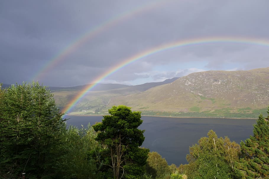 double rainbow, weather, sunshine, landscape, spectrum, color, HD wallpaper