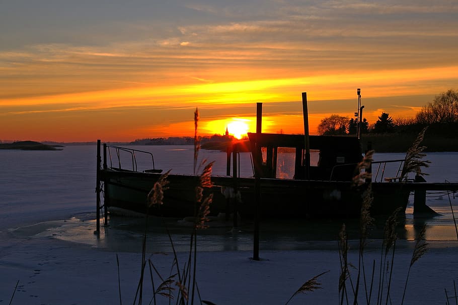 Sunset, Winter, Evening, Ice, winter evening, frozen, frost HD wallpaper