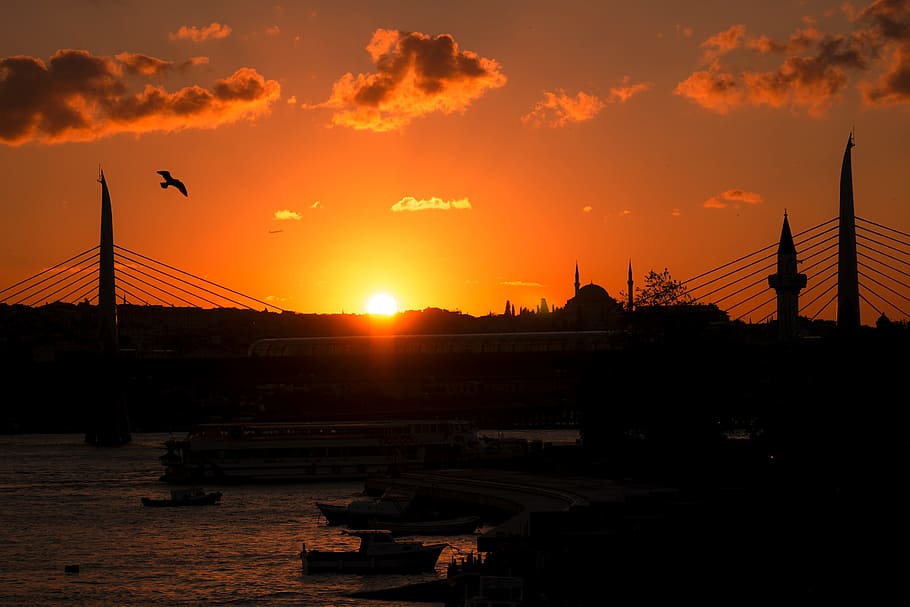 sunset, bridge, background, istanbul, clouds, sky, orange color HD wallpaper
