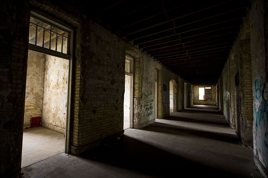 sunlight through the windows on the hallway, scary, ruins, abandoned