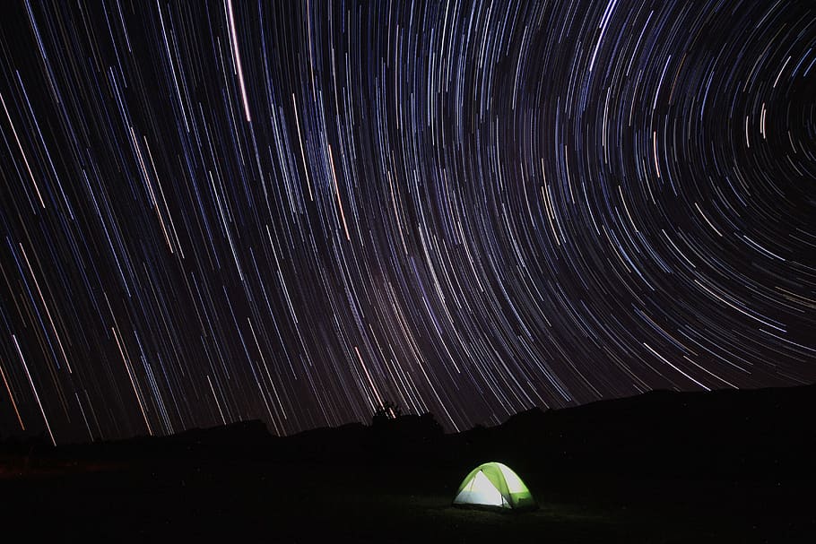 HD wallpaper: turned on camping tent, time lapse photography of stars