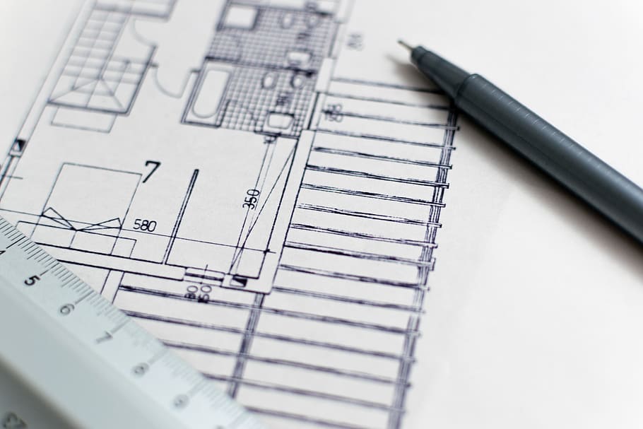 black ballpoint pen on house blueprint, architecture, floor plan