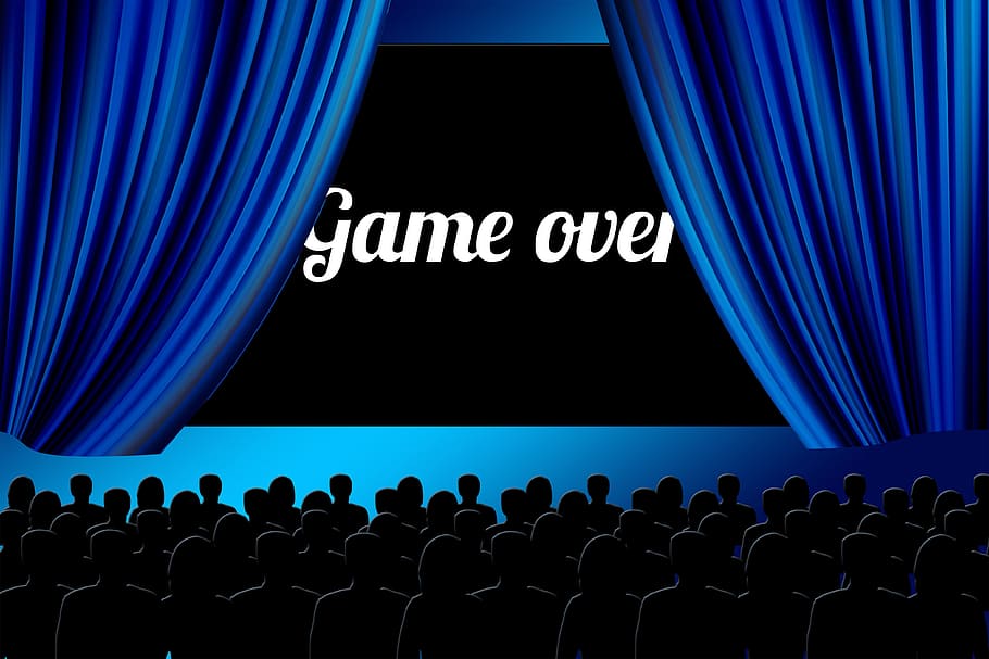 theater screen showing game over, cinema, viewers, film, video
