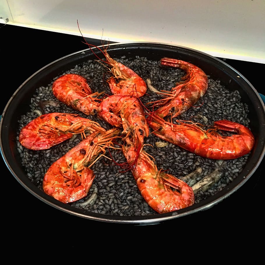 Paella, Black Rice, Spanish Food, prawn, red, seafood, crustacean, HD wallpaper