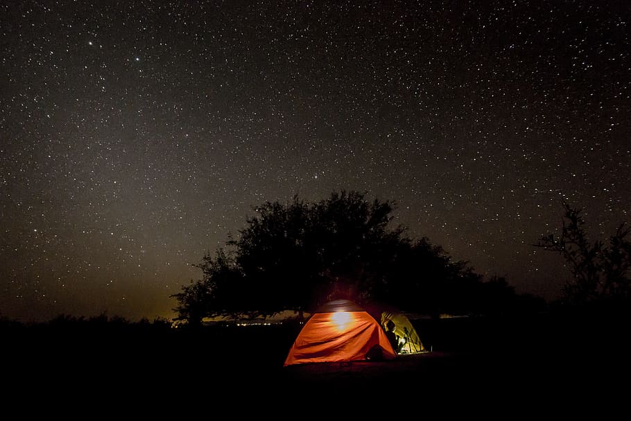 camping tent at night, silhouette of person inside red and brown dome tent near tree with stars during night
