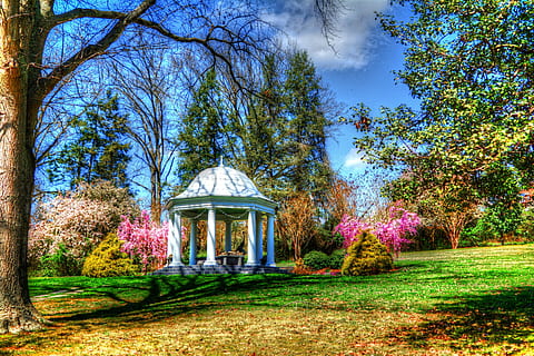 white concrete gazebo near tree at daytime, spring, county HD wallpaper