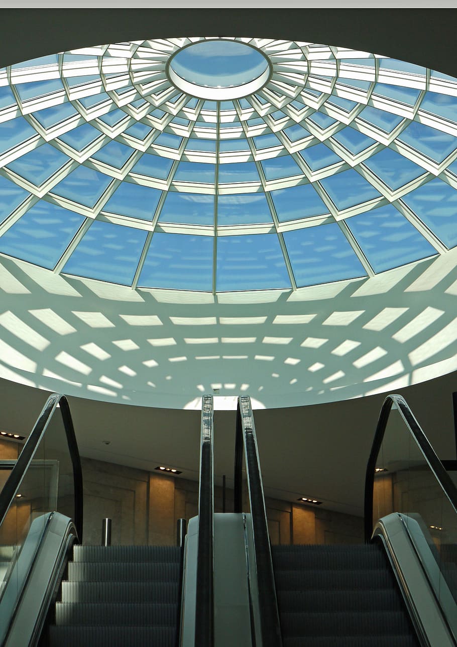 dome light, mall, shopping centre, escalators, ceiling lighting HD wallpaper