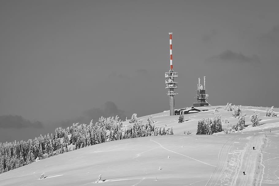 selective color focus photography of red and white post, snow HD wallpaper