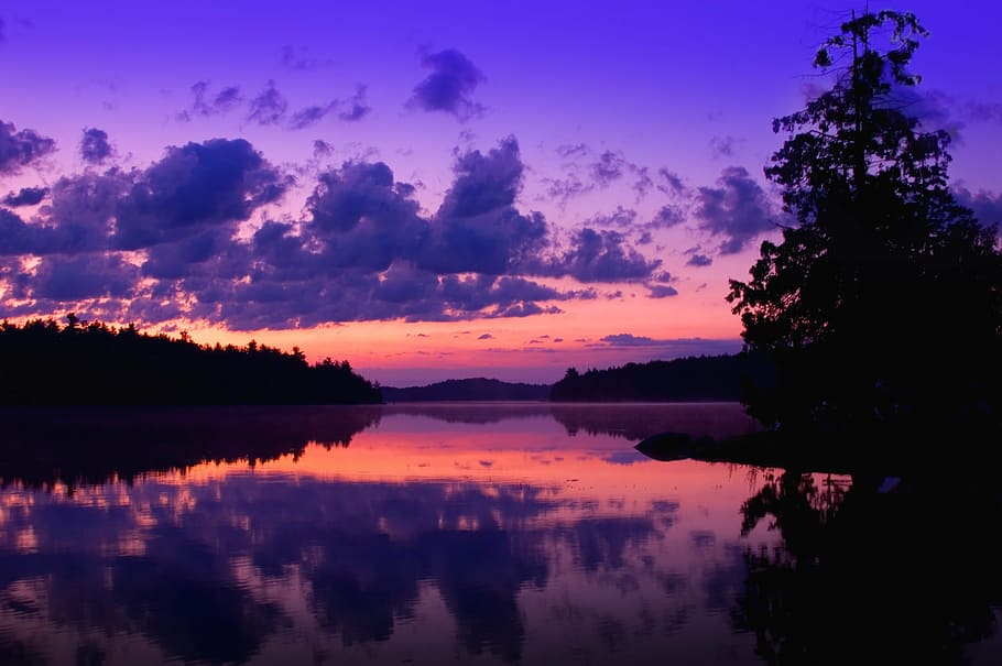 body of water, purple, dusk, dawn water, sunset, nature, landscape