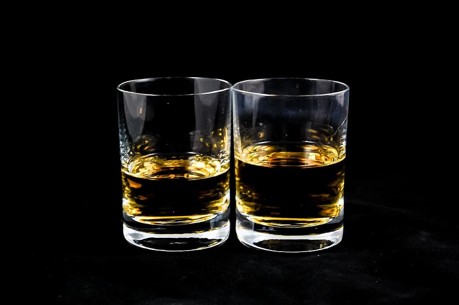 two clear drinking rock glasses, alcohol, cup, whiskey, the drink