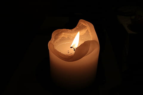 ignited white pillar candle, flame, light, fire, dark, burning HD wallpaper