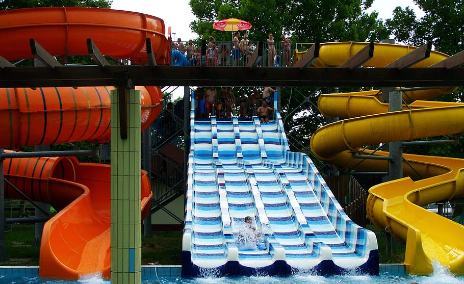 slide, bathe, summer, day, playground, water slide, slide - play equipment HD wallpaper