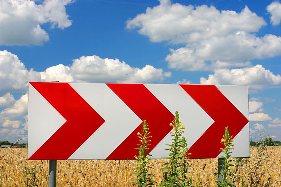 bend, turn, sign, arrow, way, cloud - sky, red, communication HD wallpaper