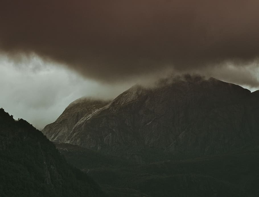 dark, clouds, mountain, valley, highland, trees, landscape HD wallpaper
