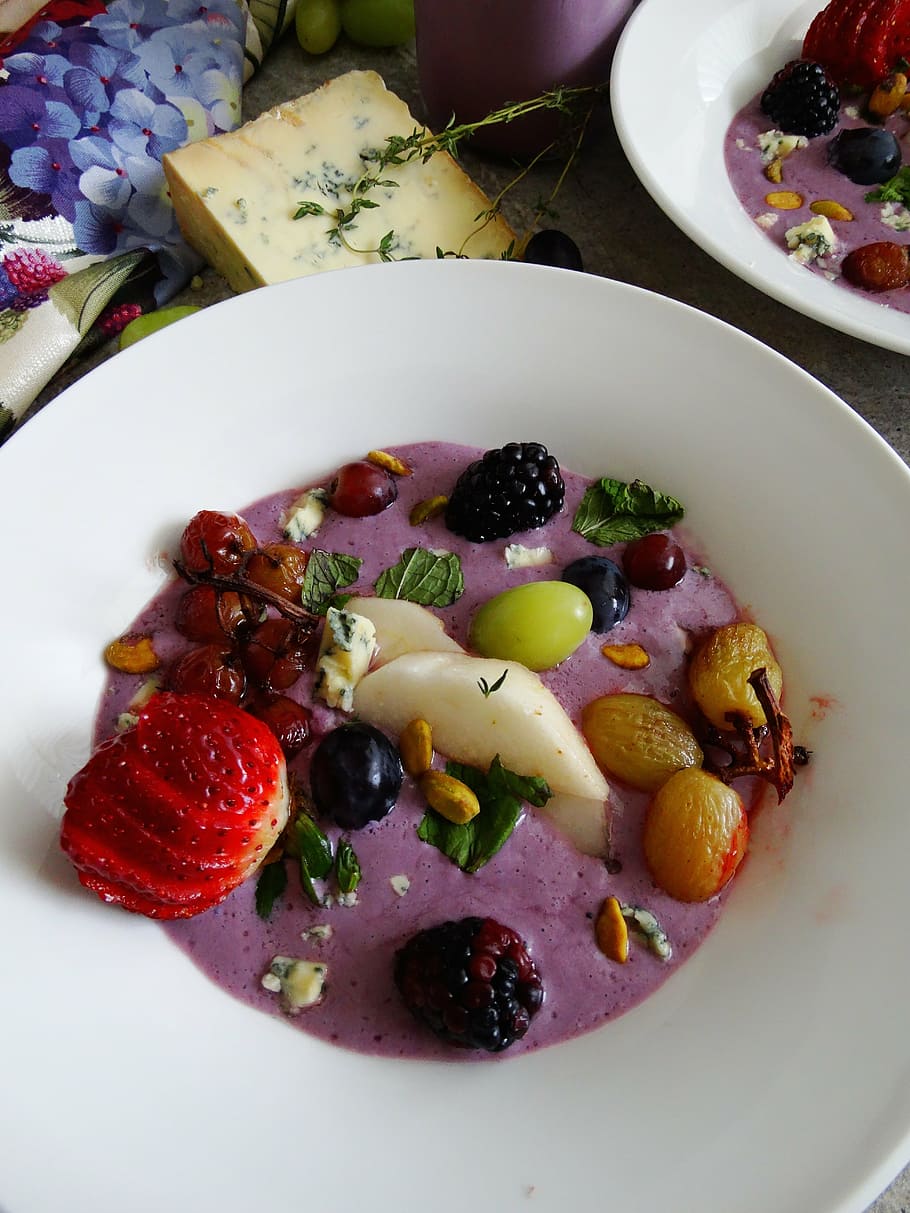 cold soup, fruit, strawberry, appetizer, grapes, blackberry HD wallpaper