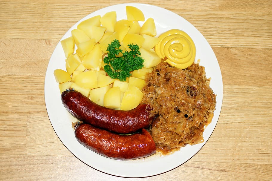 sausage, sauerkraut, potatoes, salt potatoes, mustard, parsley, HD wallpaper