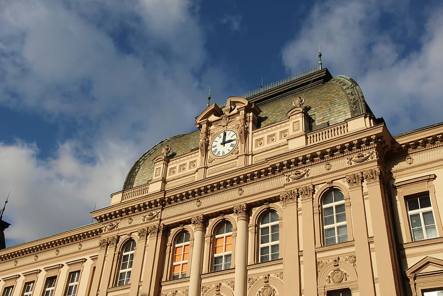 building, school, heaven, clock, contrast, park, czech republic HD wallpaper