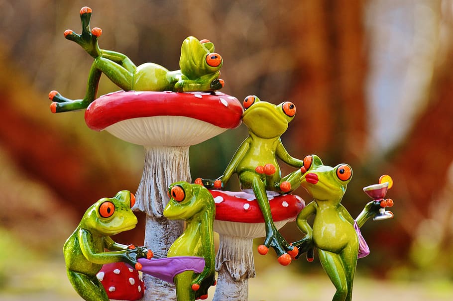 frogs, mushrooms, figures, group, funny, cute, animals, sweet, HD wallpaper