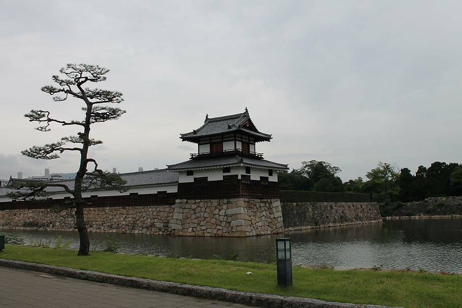 gate house, castle, tree, japanese, old, building, wall, stone, HD wallpaper