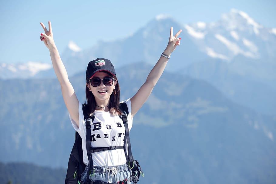 woman wearing white shirt, g e m, climbing, mountain, girls, joy, HD wallpaper