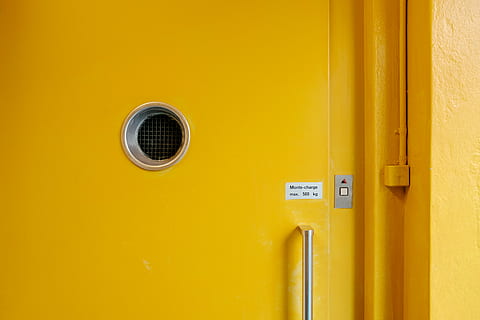 yellow door with button, yellow metal door closeup photo, elevator HD wallpaper