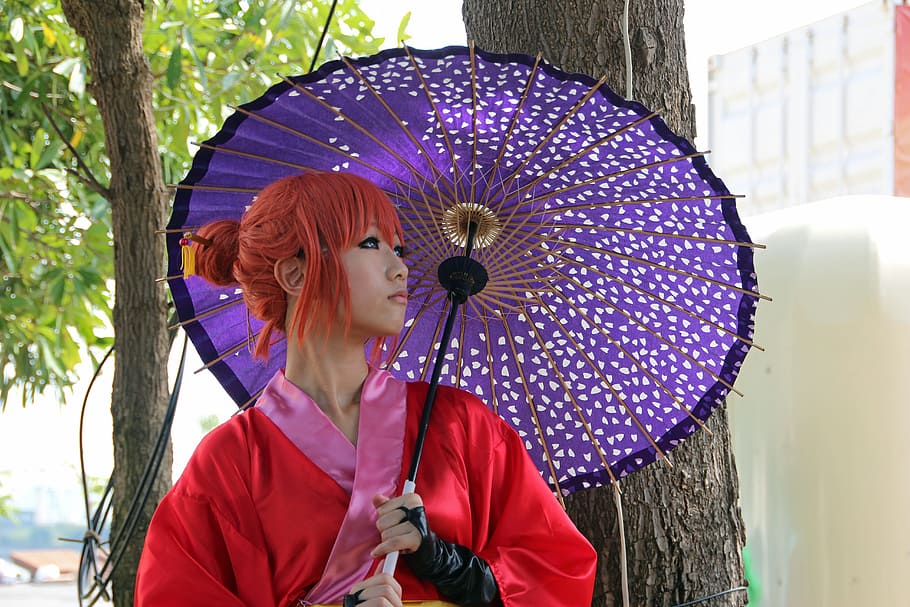 woman in red kimono holding purple umbrella, manga, japan, japantag, HD wallpaper