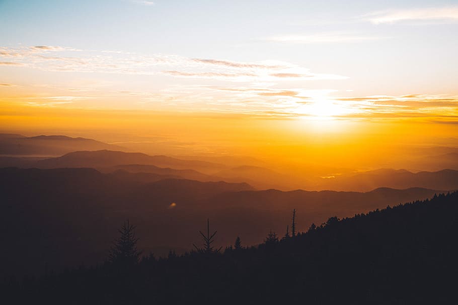 silhouette of mountain, silhouette of trees under orange and white cloudy sky HD wallpaper
