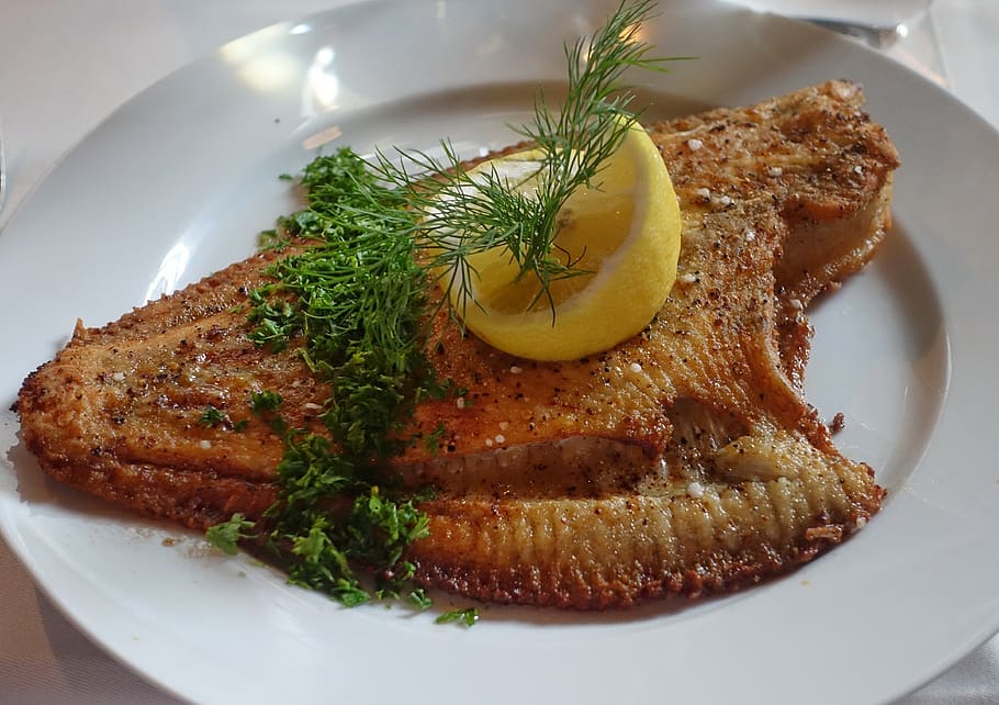 plaice, fish, flatfish, fried, lemon, roasted, refreshments, HD wallpaper