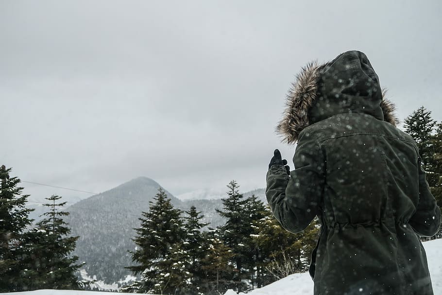 person wearing black jacket in a snow season, cold, gray, green HD wallpaper