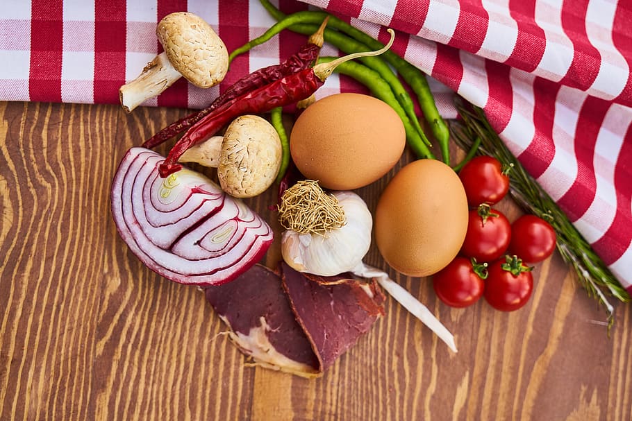 flat lay photography of vegetables and two eggs, pizza, onion HD wallpaper